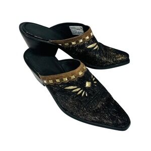 Sonora Hair On Hide Western Mules Sz 6 Black Gold Leather Cowgirl‎ Heels Boho